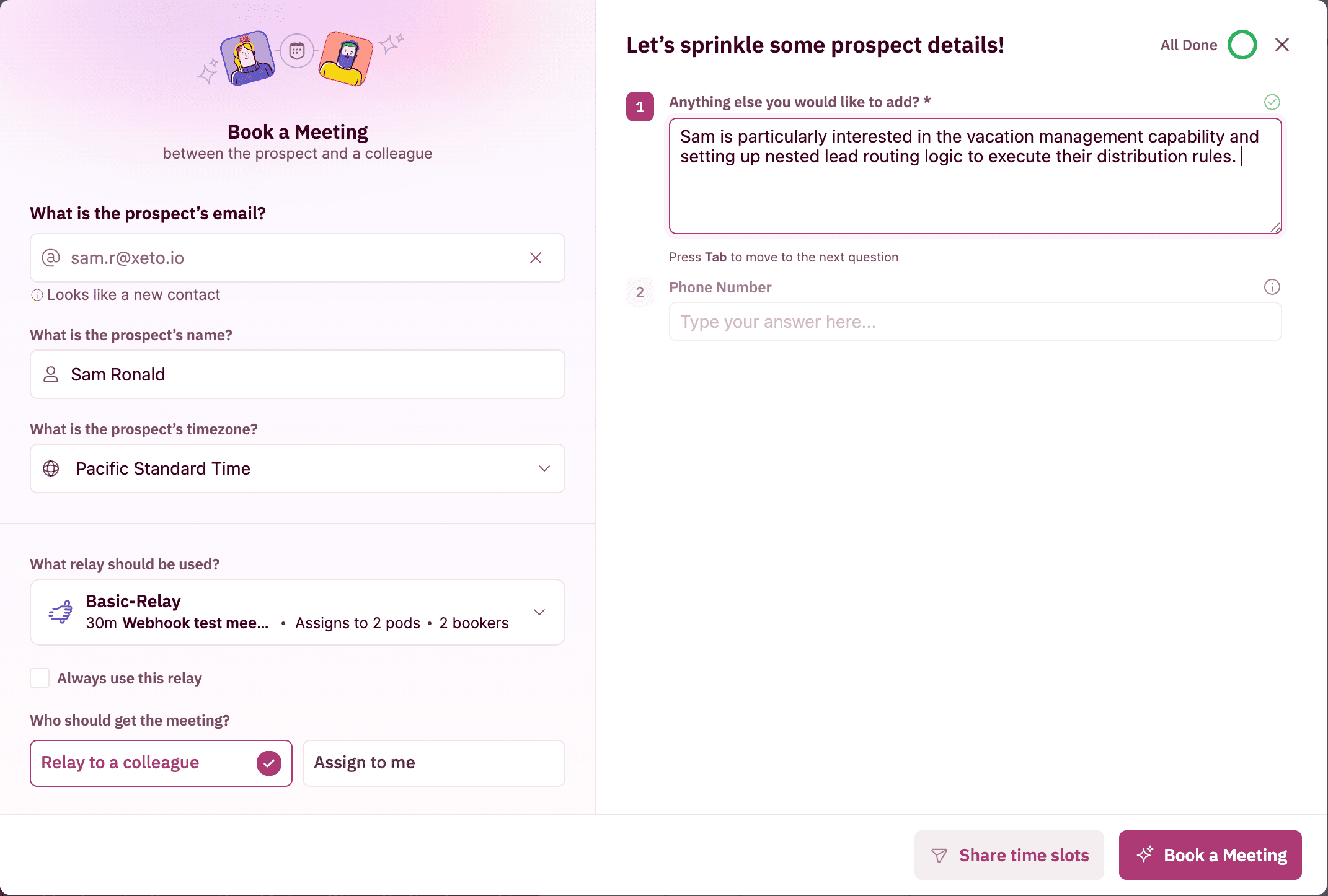 The Relay booking page from the SDR's perspective. The prospect's email triggers CRM lookup and enrichment. The correct AE's calendar loads automatically.