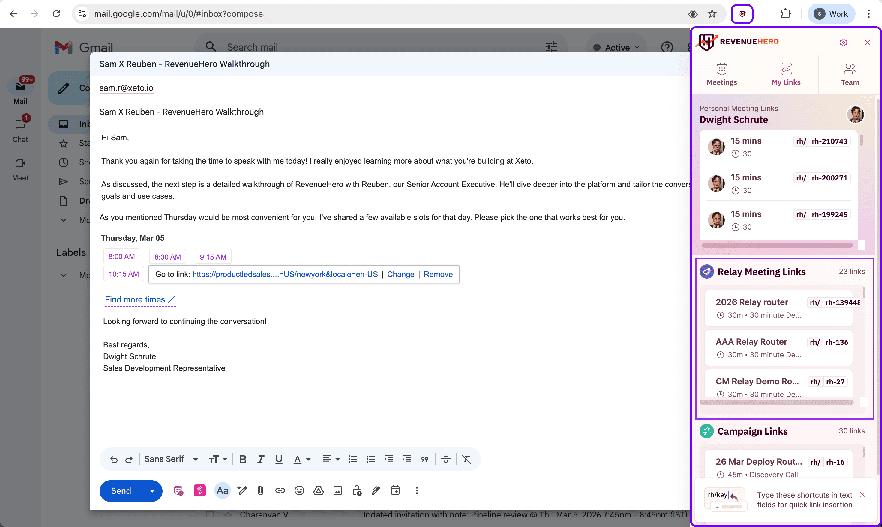 The Chrome Extension generates a pre-routed booking link without leaving the inbox. The SDR pastes it directly into their email reply.