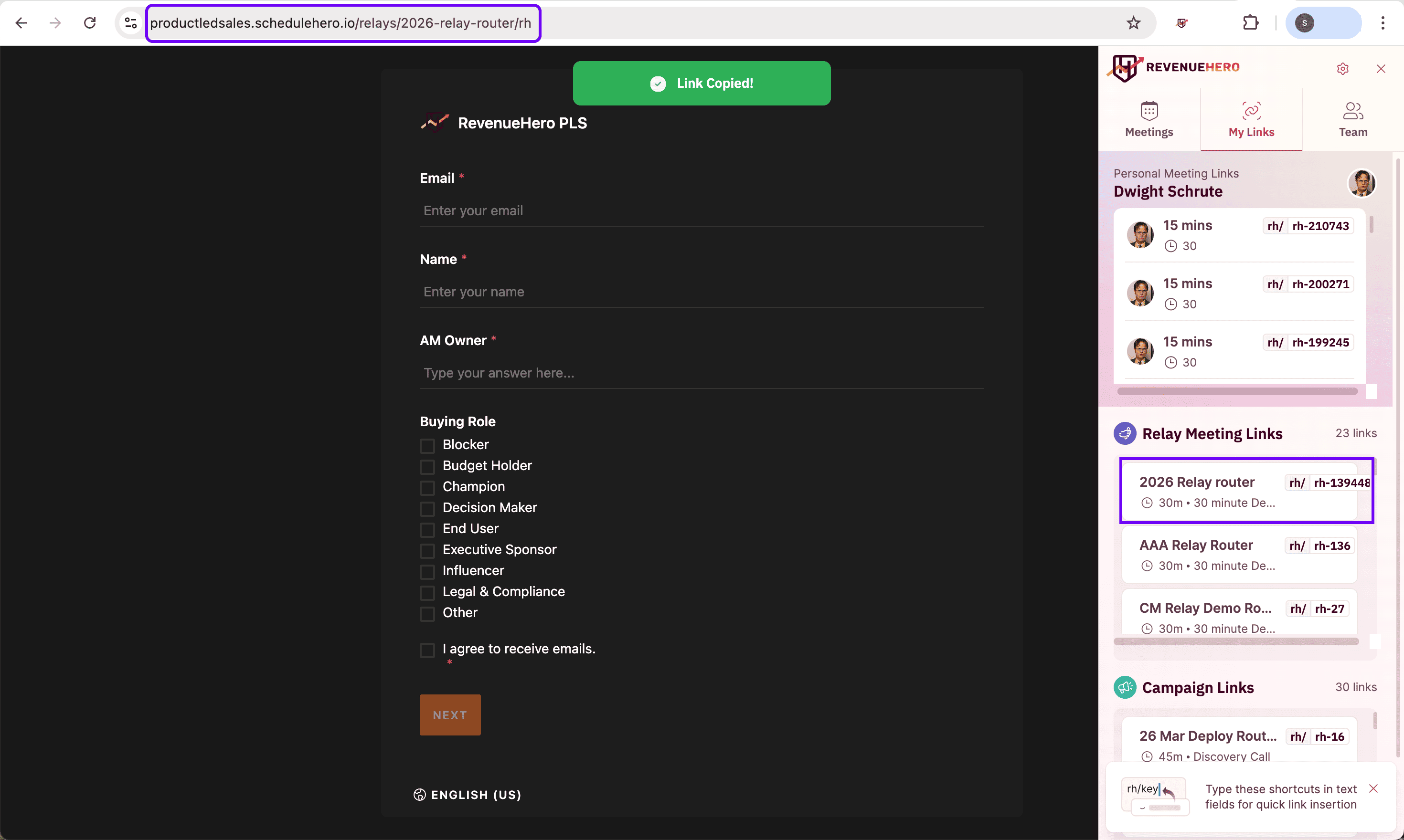 he SDR can paste the relay link directly on browser and schedule handoff for the prospect mid-call.