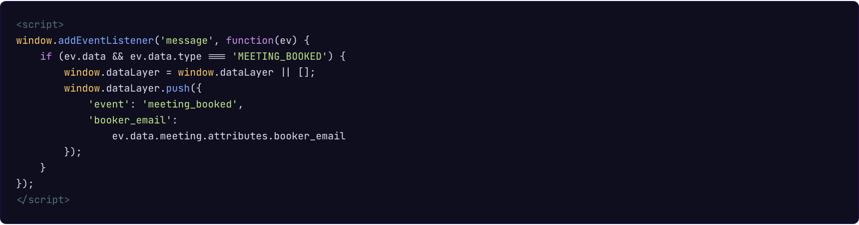 Custom HTML tag: event listener for RevenueHero MEETING_BOOKED event