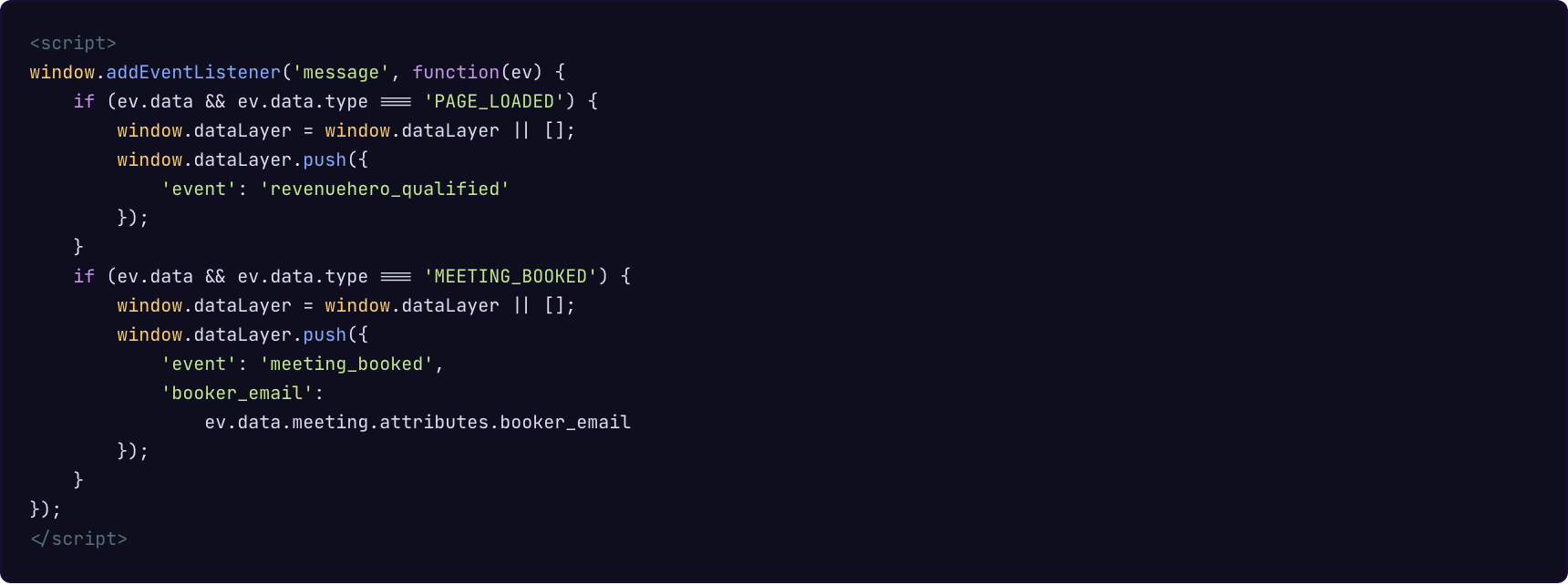 Expanded Custom HTML tag capturing both PAGE_LOADED and MEETING_BOOKED events