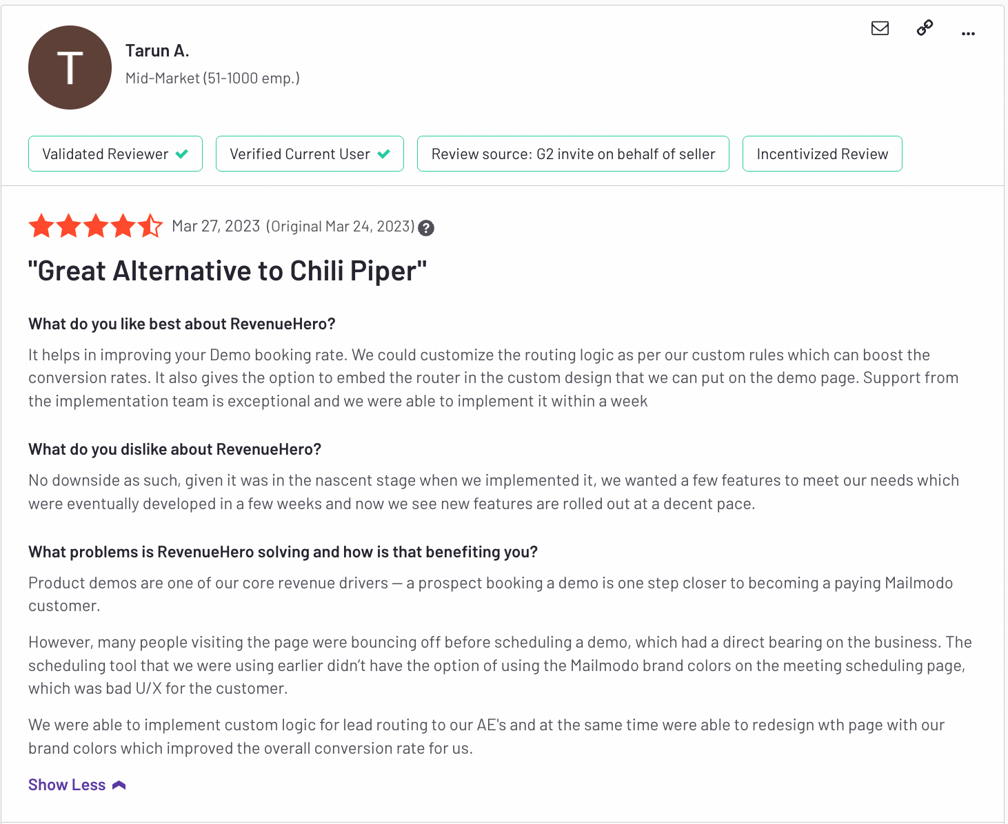 RevenueHero Customer Reviews: Chili Piper Alternative