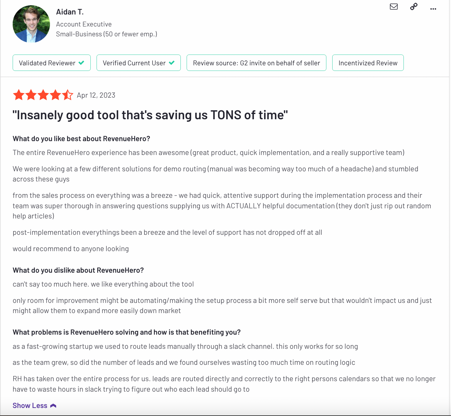 RevenueHero Customer G2 Reviews: Chili Piper Alternative
