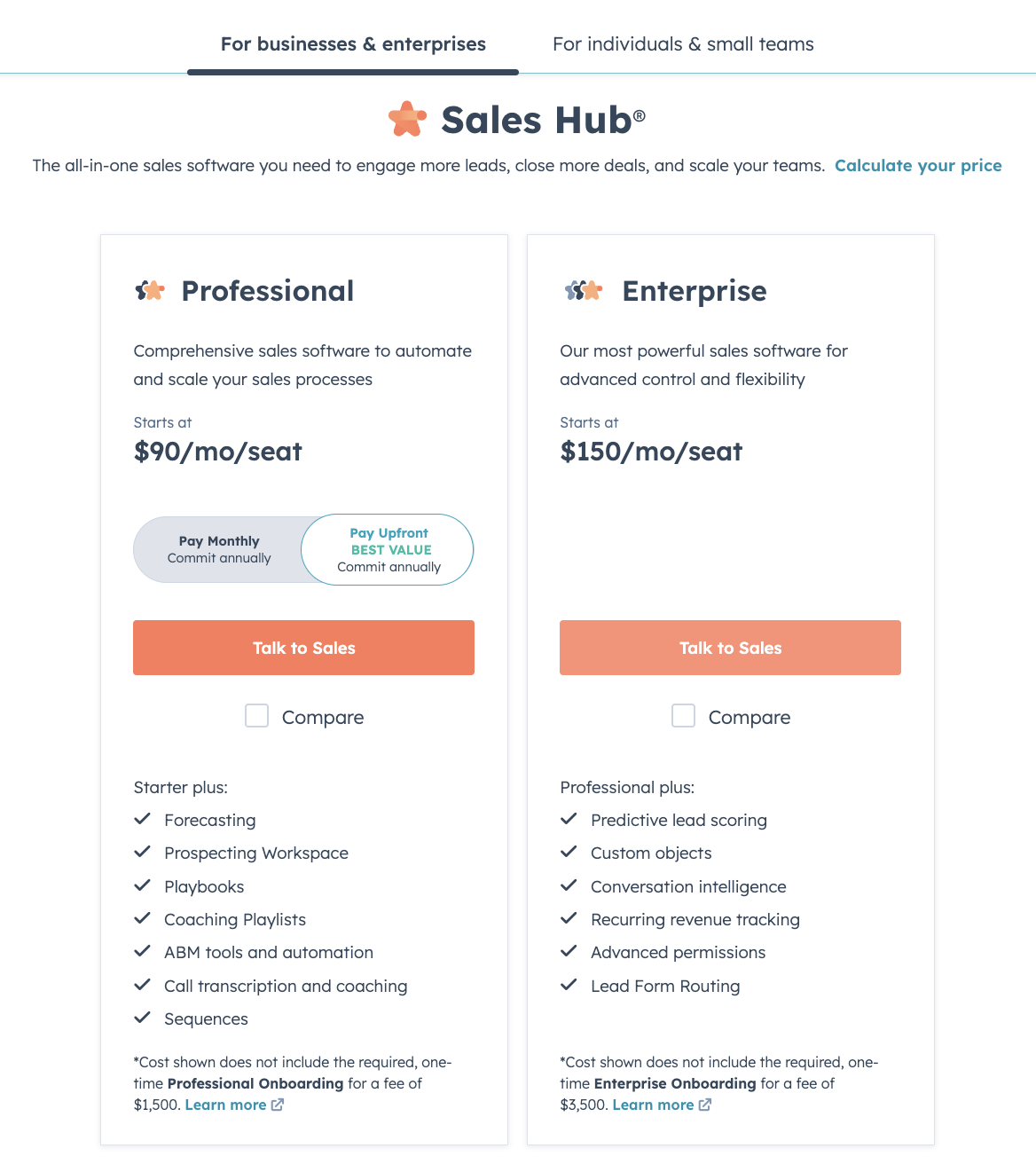 HubSpot Meetings Pricing (For businesses & enterprises)