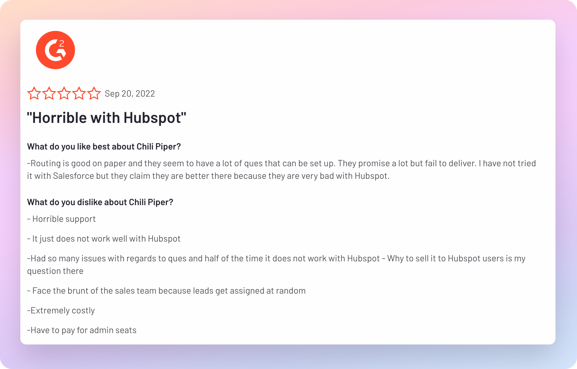 G2 Review about the Chili Piper and HubSpot integration
