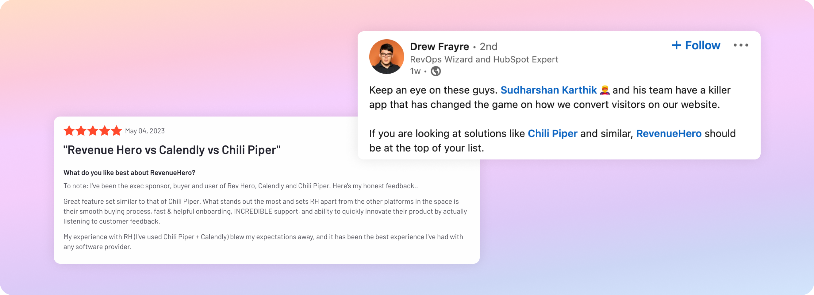 RevenueHero customer reviews on G2 and LinkedIn