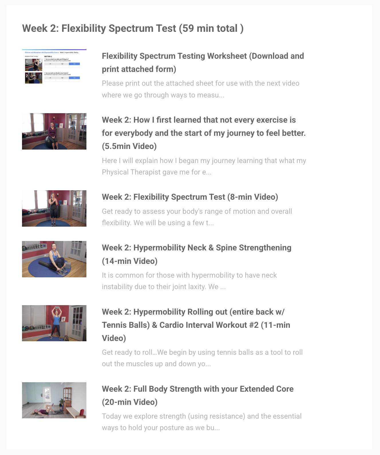 List of Week 2 exercise videos and worksheets for flexibility and hypermobility, including workout titles, durations, and thumbnail images of a woman demonstrating exercises.