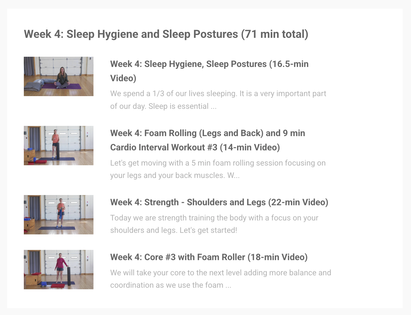 List of Week 4 wellness videos with thumbnails featuring a woman on a yoga mat in a wooden room, covering sleep hygiene, foam rolling, strength training, and core exercises.