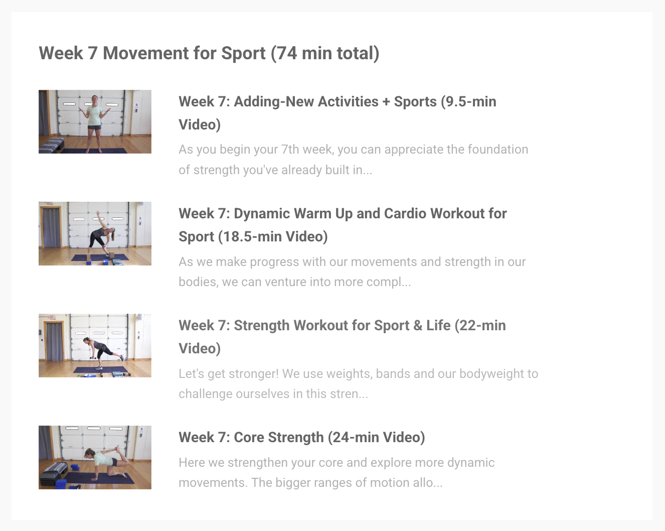List of Week 7 sports workout videos with thumbnails showing people performing different exercises indoors.