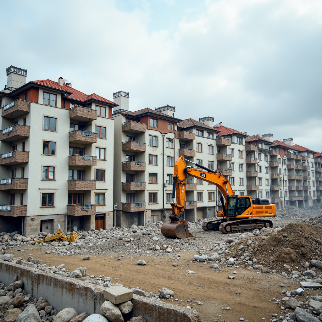 Mehrfamilienhaus mit Gerüsten und Bauarbeitern, die den Abbruch in urbaner Umgebung vorbereiten.
