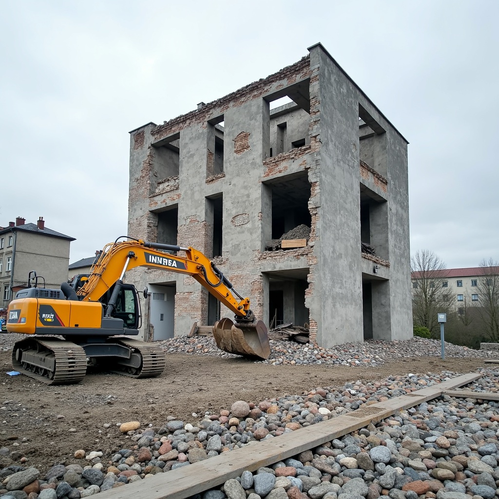 Baustelle: Altbau mit bröckelnden Ziegeln und Neubau mit modernen Linien im Abriss.