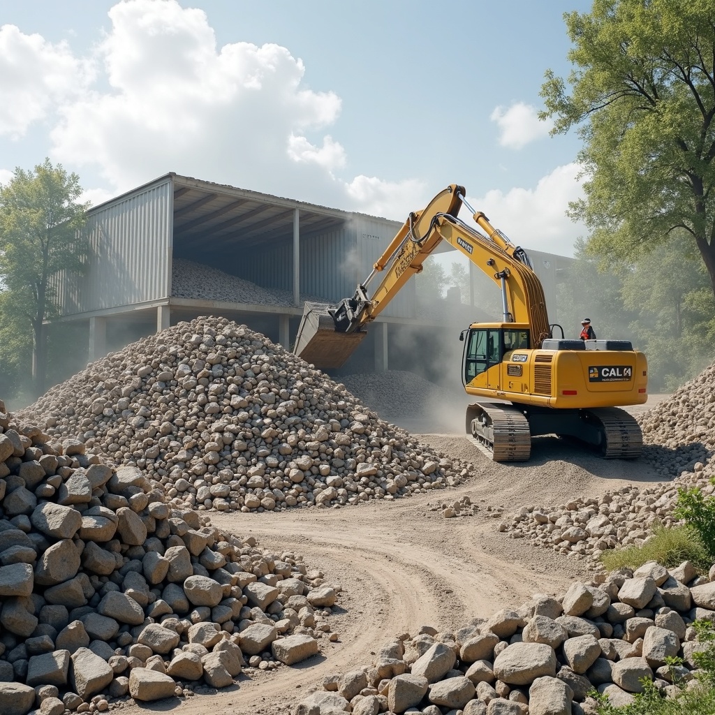 Arbeiter trennen Bauschutt für Recycling vor städtischen und ländlichen Gebäuden, um Nachhaltigkeit zu fördern.