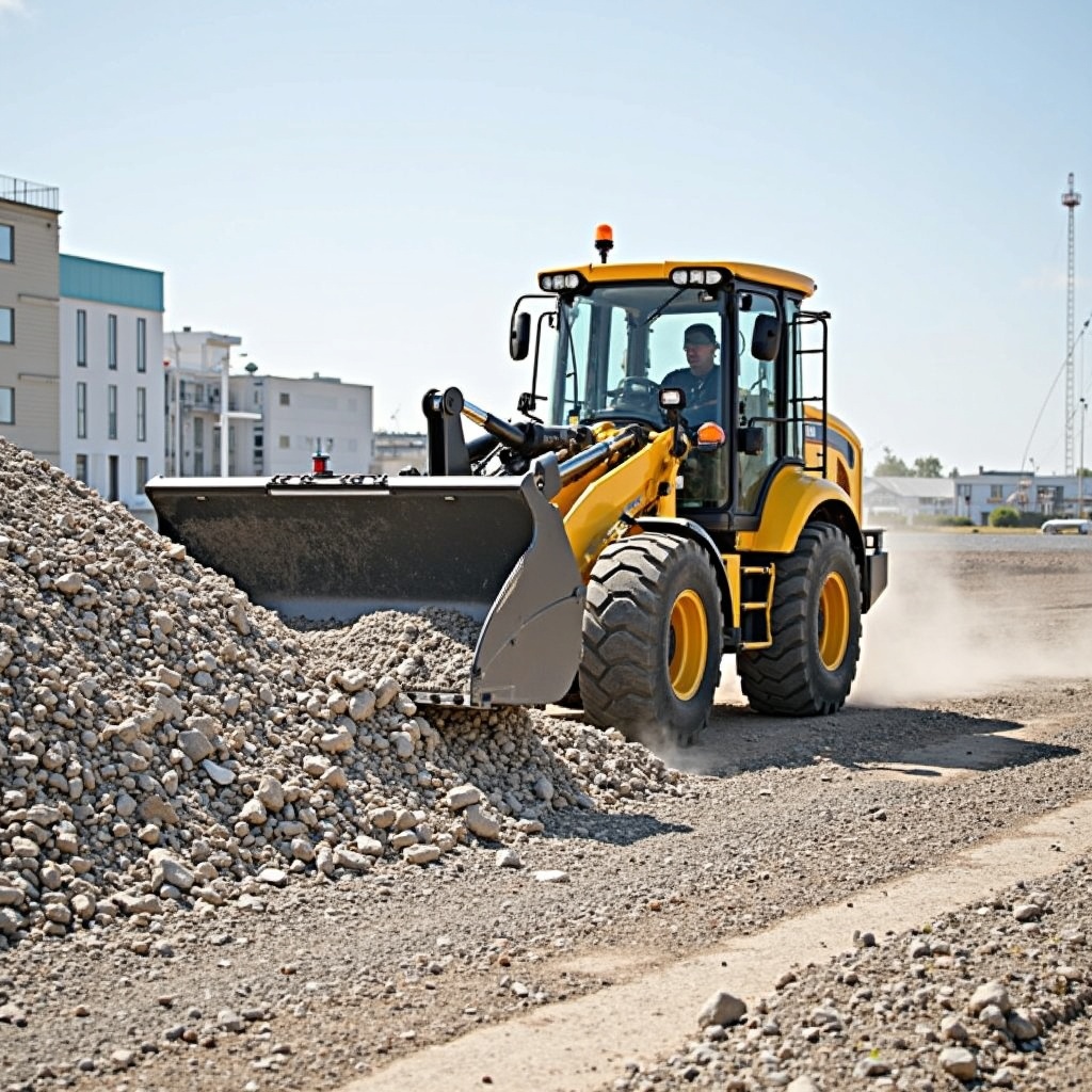 Moderne Baumaschinen reißen Gebäude ab, Staub und Trümmer in der Luft, Arbeiter mit Helmen.