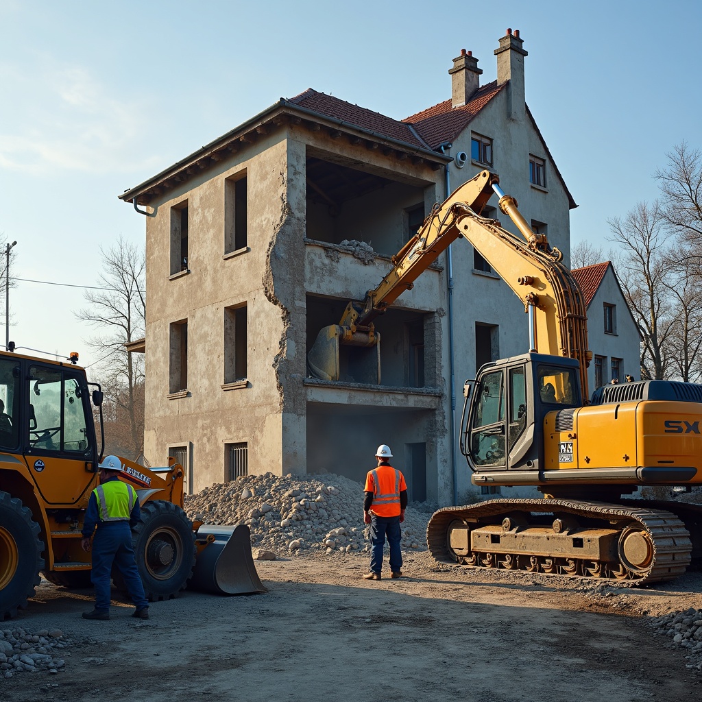 Baustelle mit erfahrenem Team beim Abriss eines alten Gebäudes mit schweren Maschinen und Sicherheitsvorkehrungen.