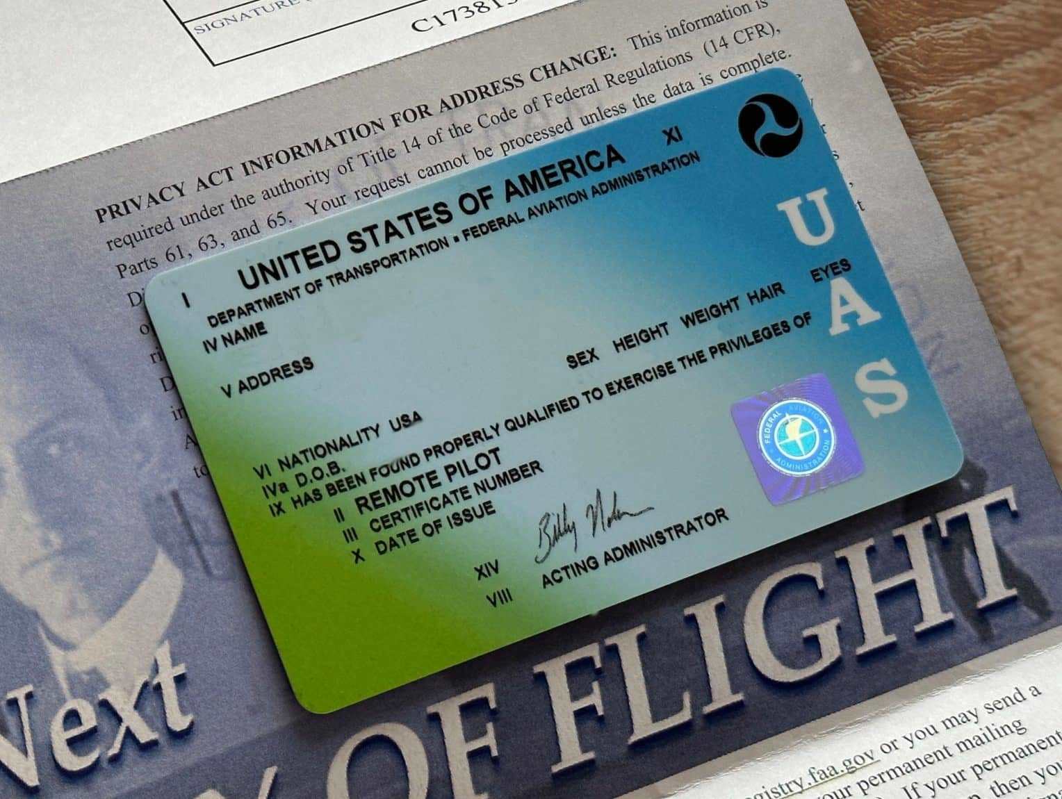An official United States Federal Aviation Administration (FAA) Remote Pilot Certificate (Part 107) for commercial drone operations