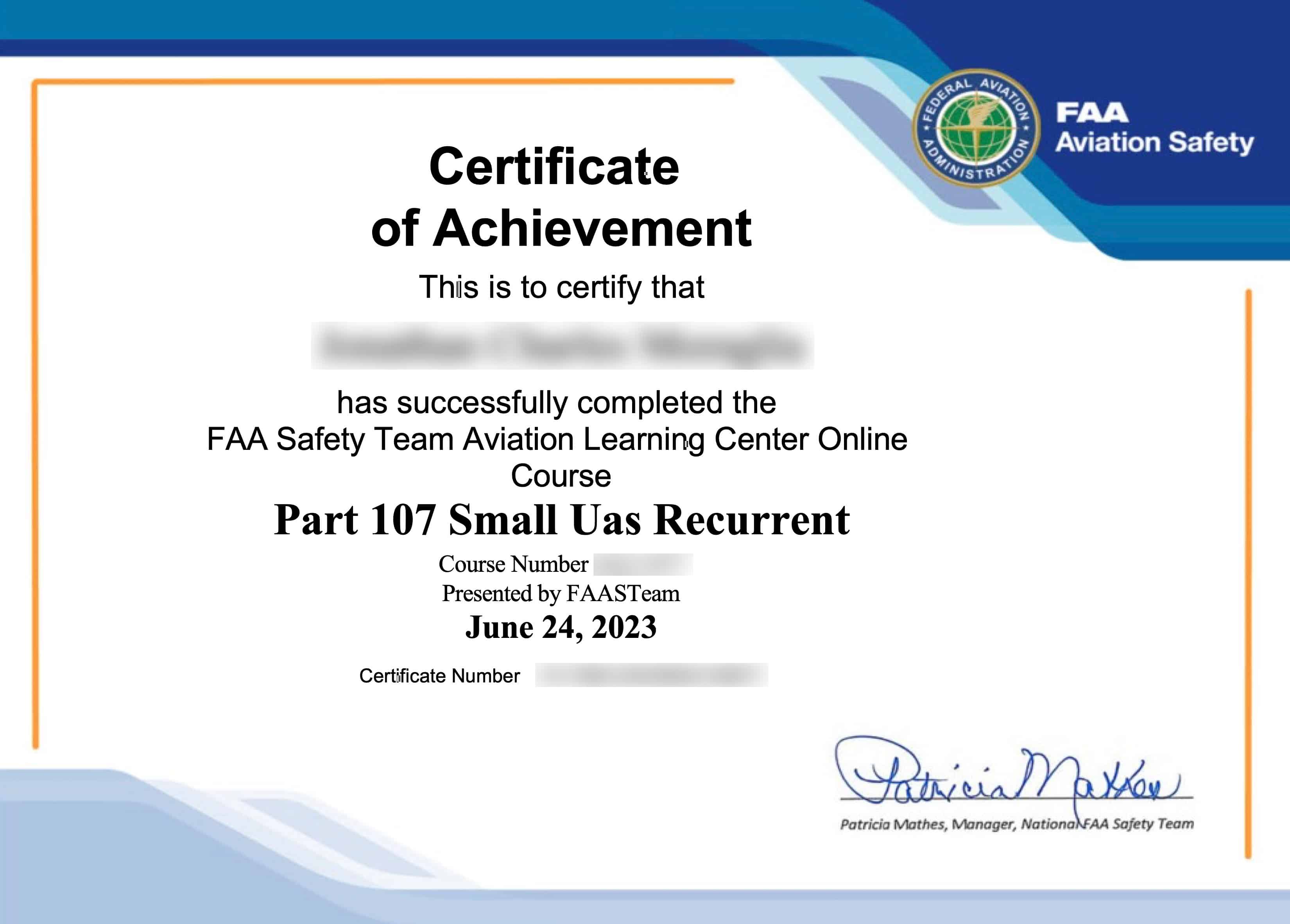 FAA Certificate of Achievement for completing the Part 107 Small UAS Recurrent course