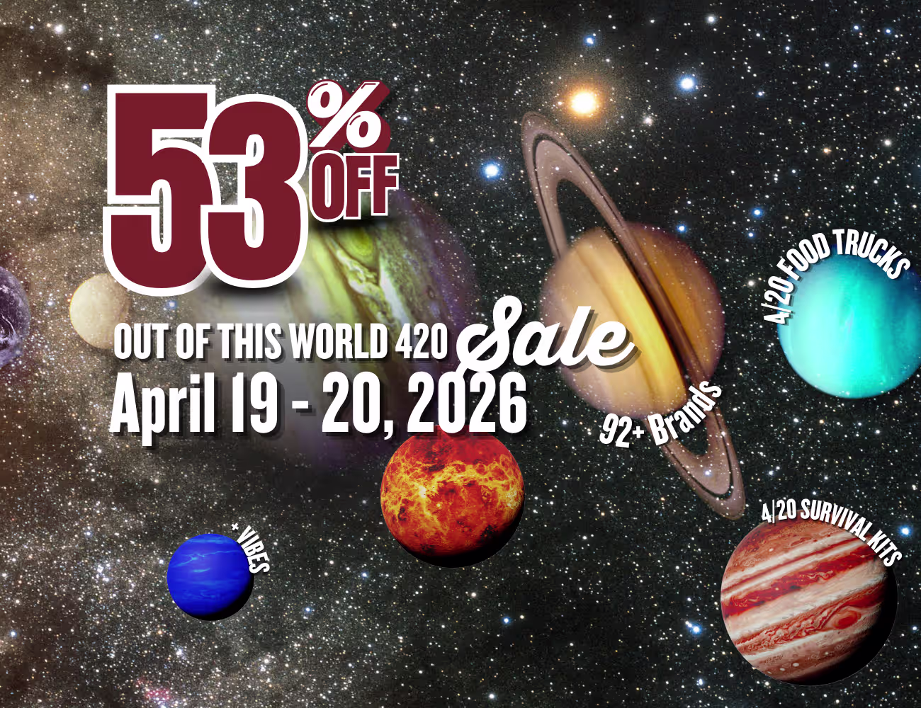 Galaxy-themed graphic with planets and colorful abstract waves, featuring “Out of this world sale,” “April 19–20, 2026,” and “92+ brands.