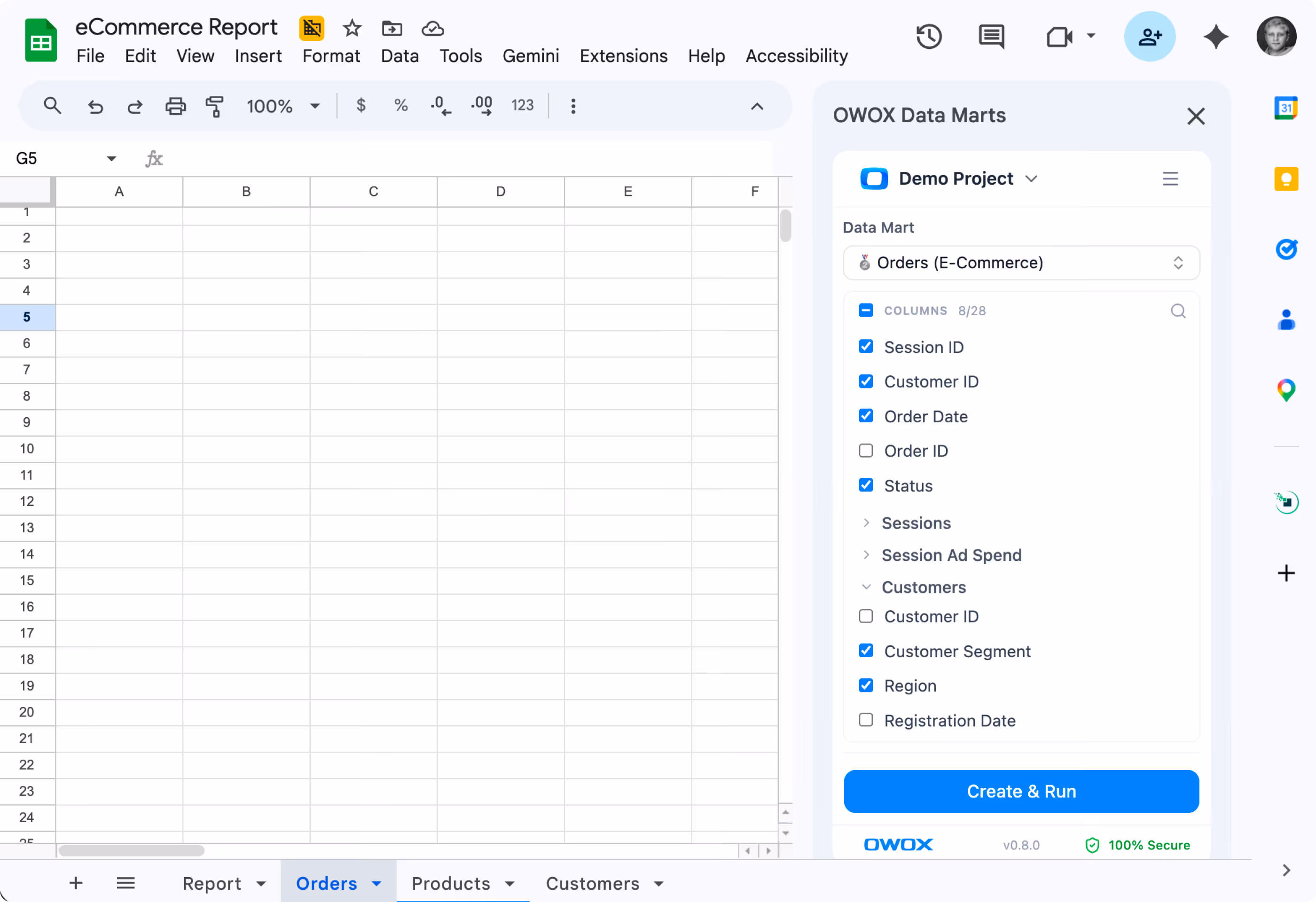 This is the first ever window to trusted corporate data right from Google Sheets UI with column-picker. Yeah, you can swap columns if needed as well.