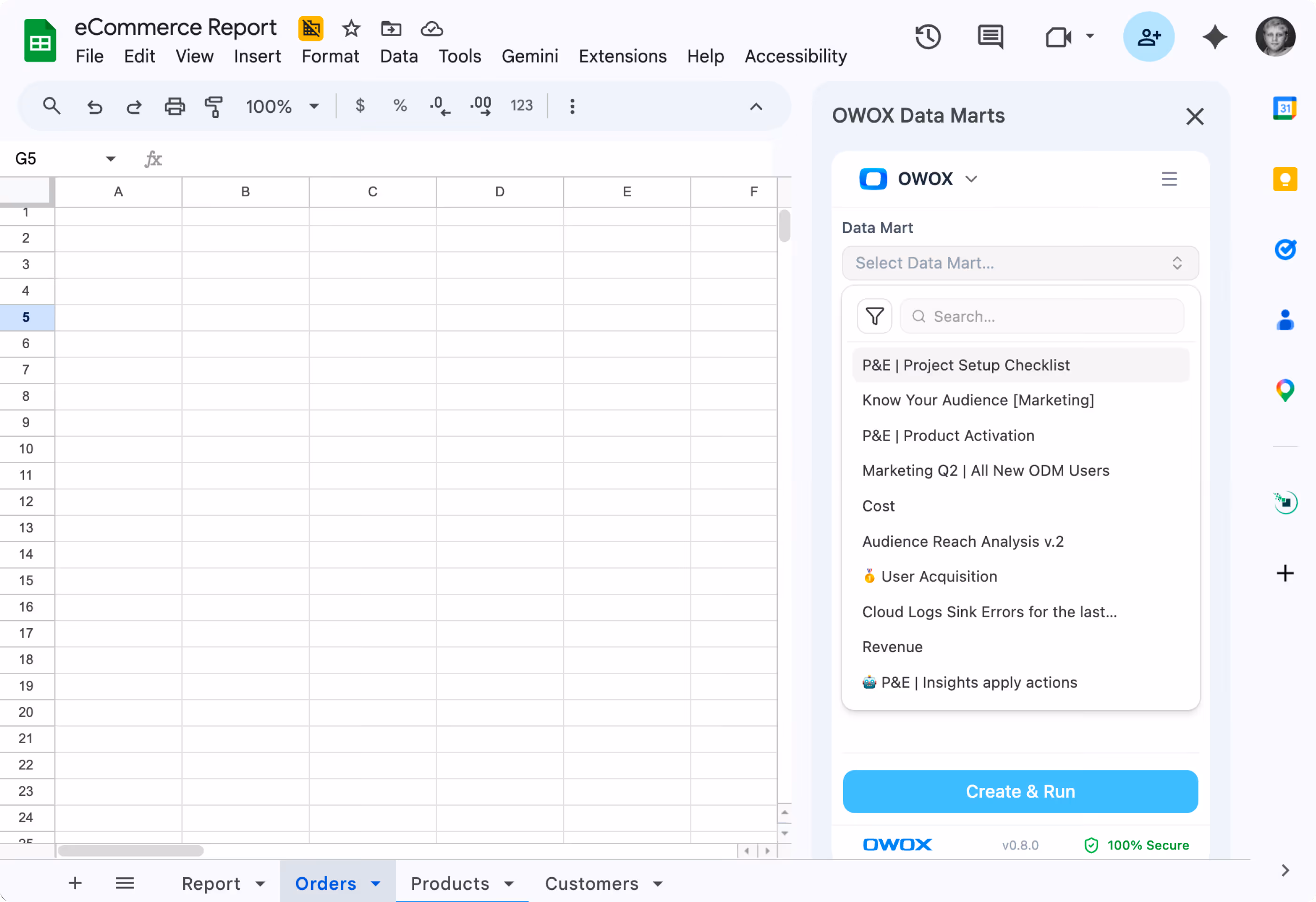 Browse the Data Mart library right from Sheets. Pick what you need from what you have access to.