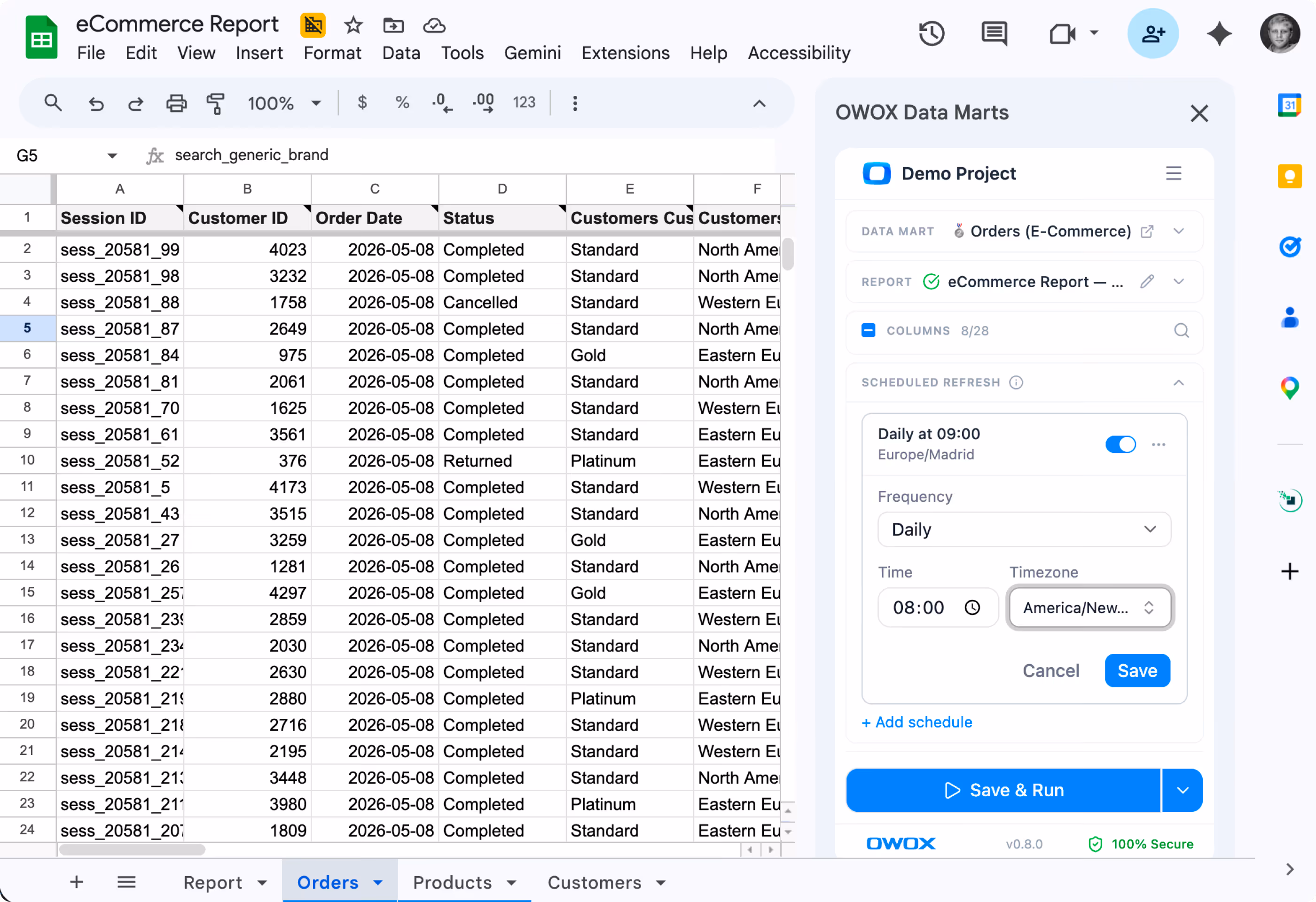 Schedule refreshes, apply filters, and stay live with your warehouse — all from inside Google Sheets.