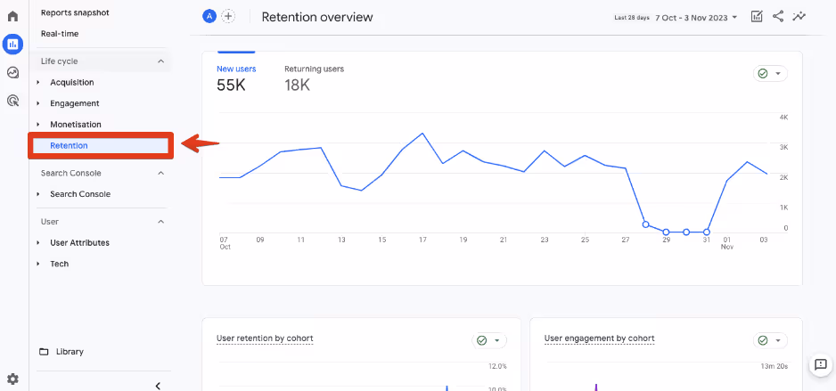 Retention Reports in GA4 showing metrics like user retention and engagement by cohort, and new and returning users. i-shadow