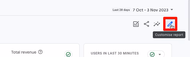 GA4 interface with the option to customize reports, in the Reports section. i-shadow