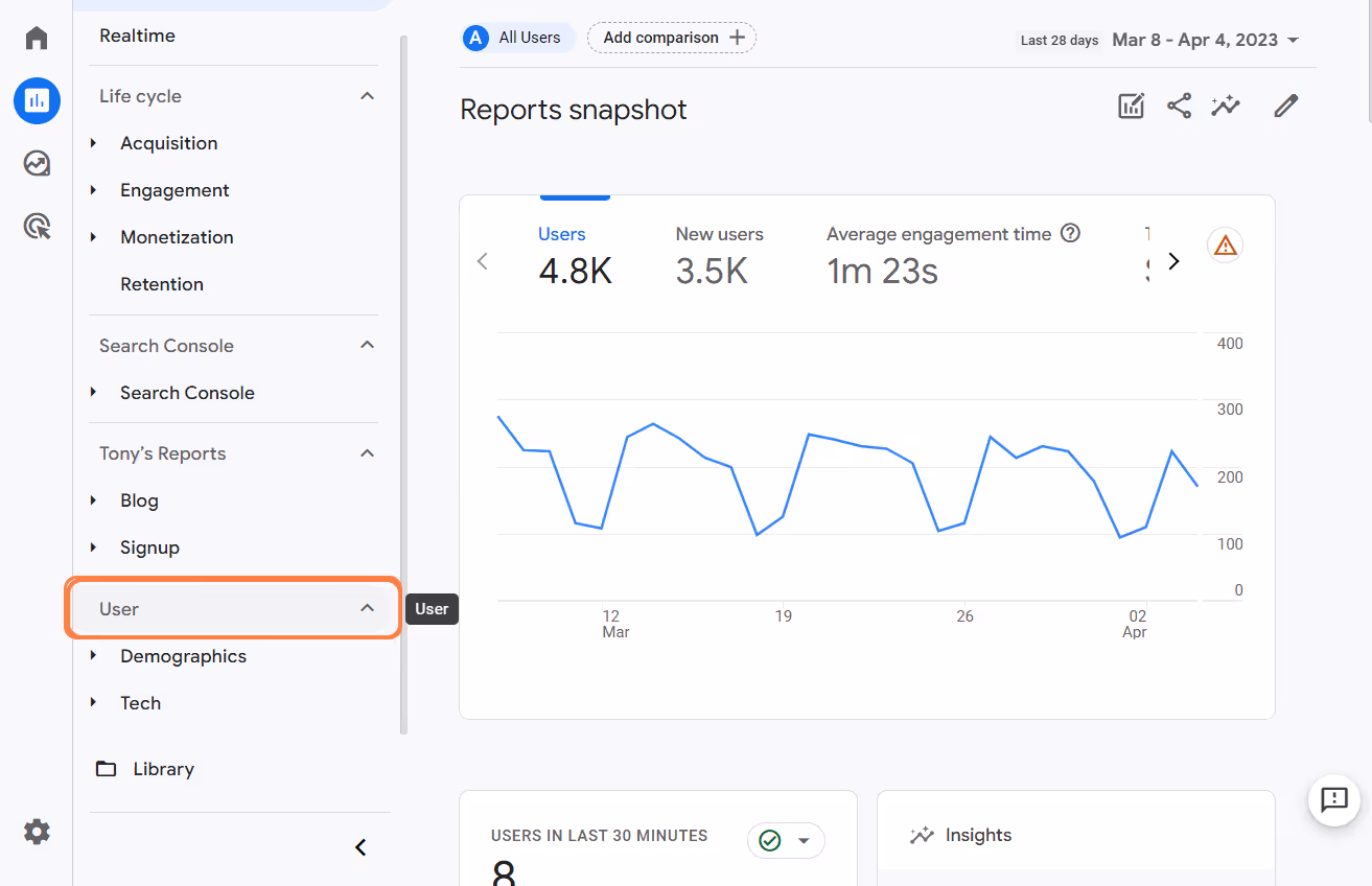User section in GA4 displaying demographic details and technology preferences for audience analysis.‍ i-shadow