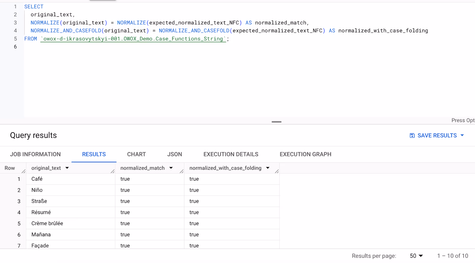 BigQuery query using NORMALIZE_AND_CASEFOLD to normalize Unicode and convert text to lowercase for accurate comparisons. i-shadow