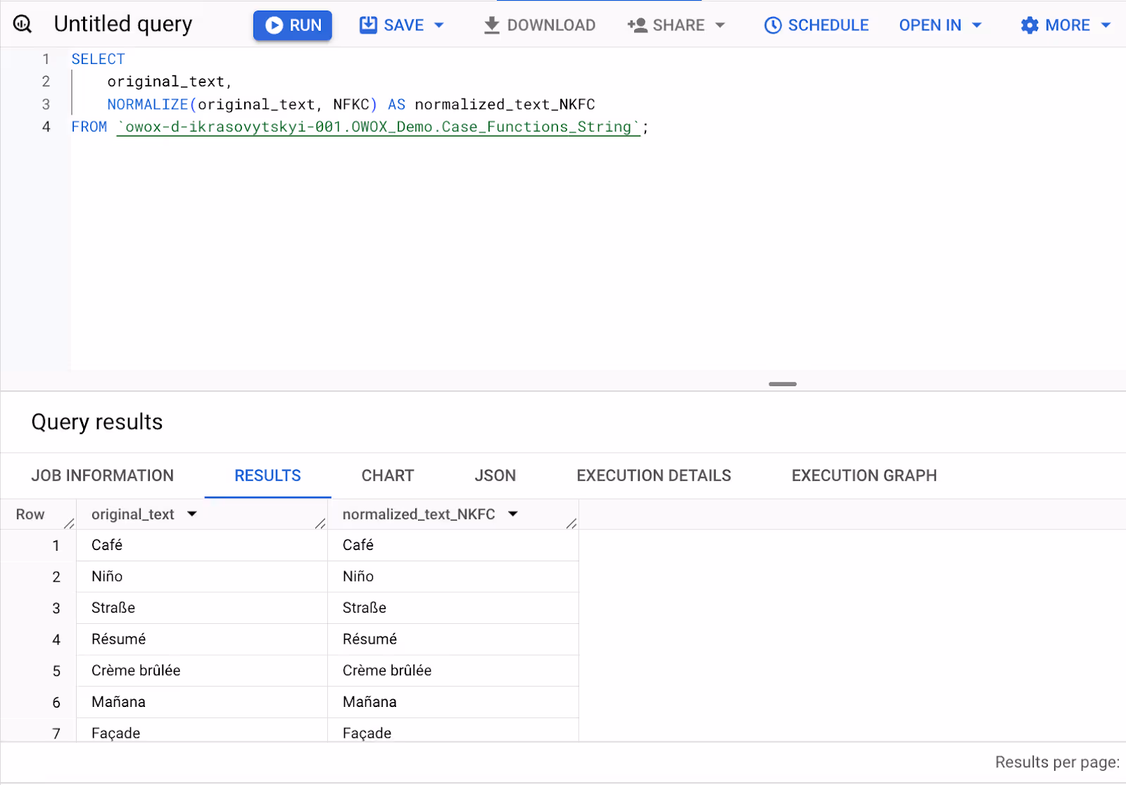 BigQuery query using the NORMALIZE function to convert text into Unicode Normalization Form KC (NFKC) for consistent character representation. i-shadow