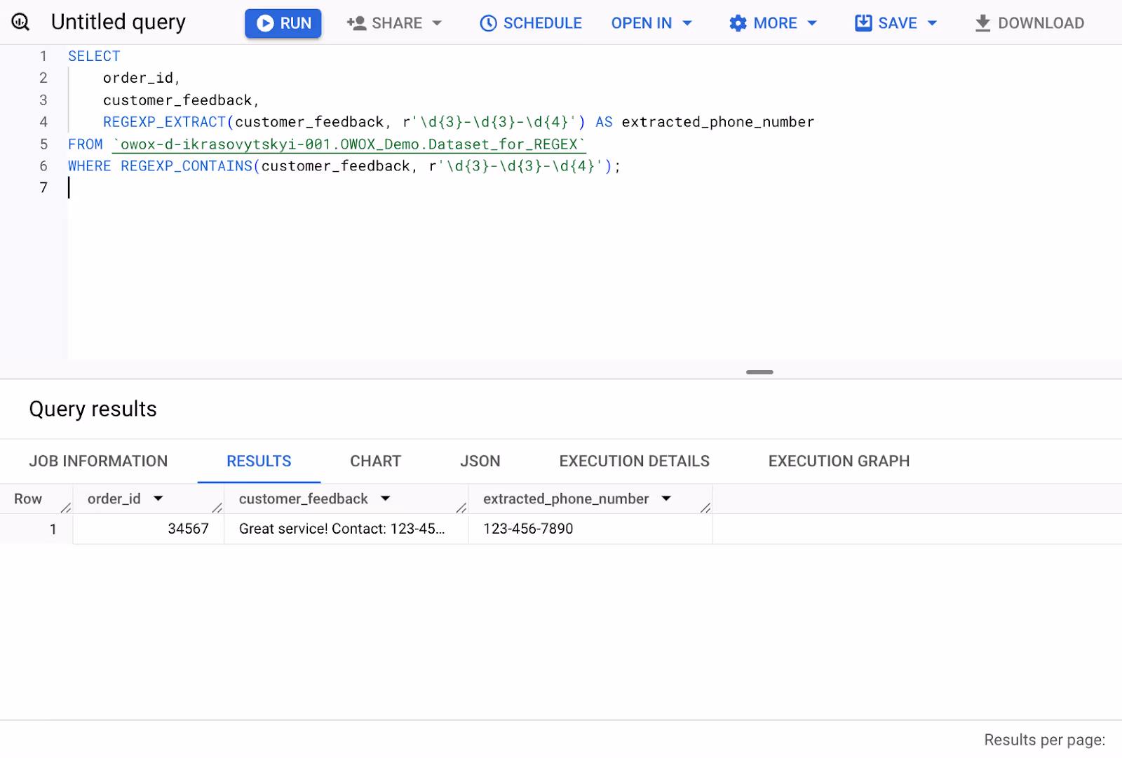  BigQuery query using REGEXP_EXTRACT and REGEXP_CONTAINS to extract phone numbers from the customer_feedback column. i-shadow