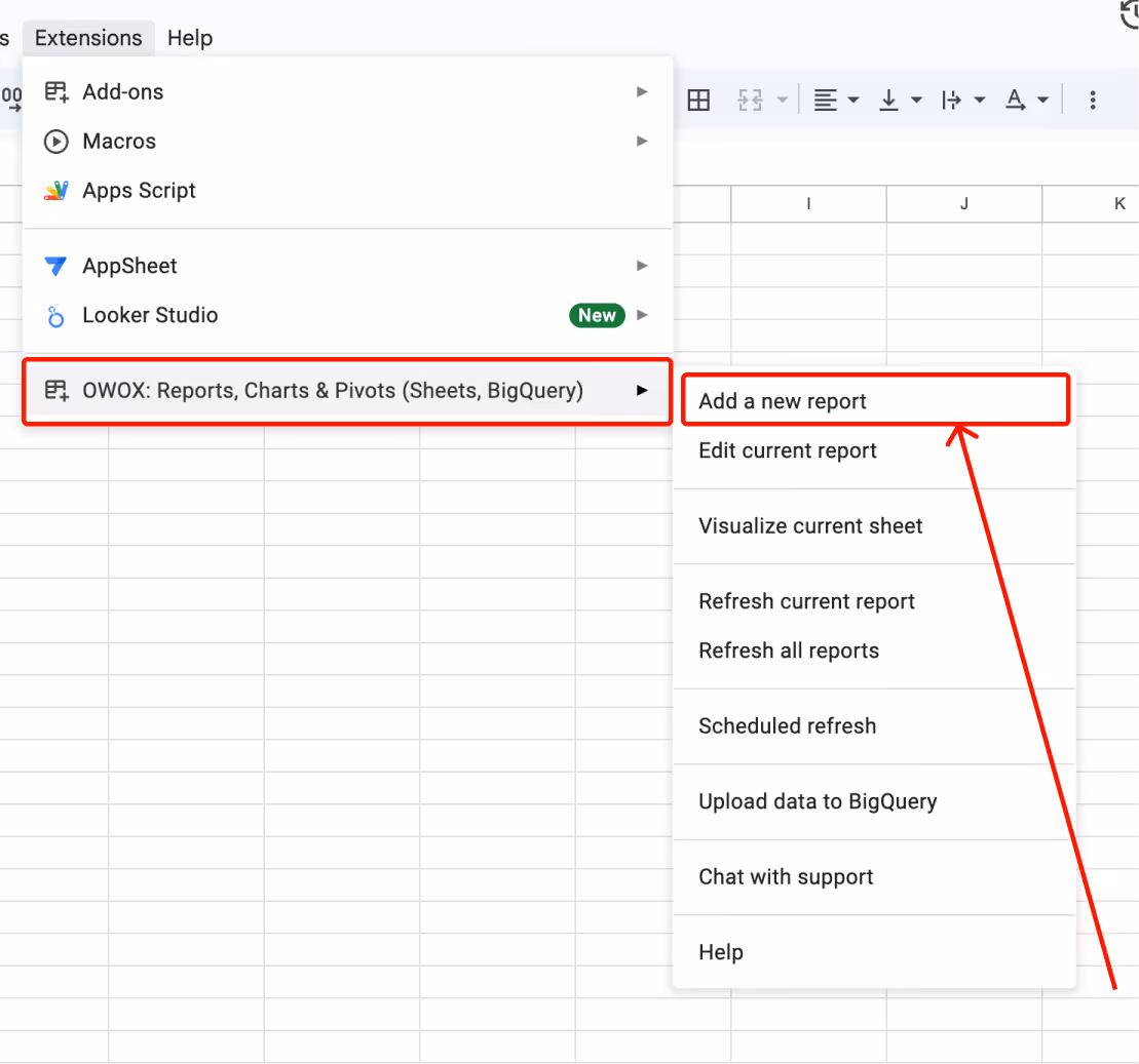 Google Sheets Extensions menu showing the selection of "OWOX: Reports, Charts & Pivots (Sheets, BigQuery)" with the "Add a new report". i-border