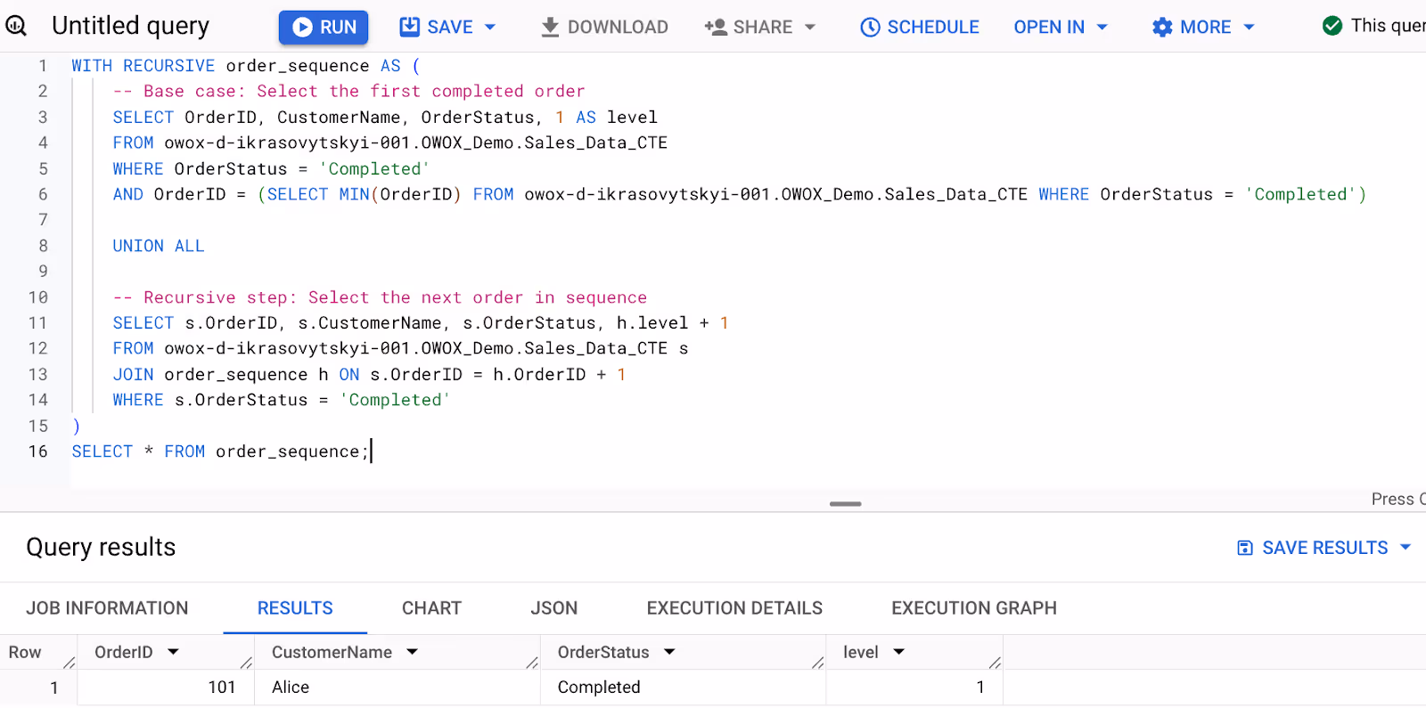 SQL query using a recursive Common Table Expression (CTE) to track sequential order, linking completed orders in order sequence. i-shadow