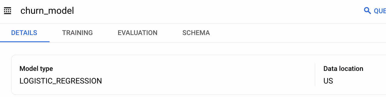 Checking the BigQuery ML model type and location from the “Details” tab for "churn_model."  i-shadow