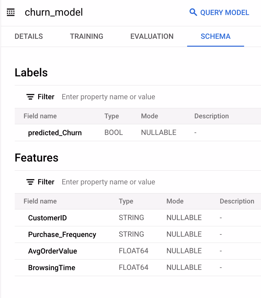 Validating trained model schema in BigQuery. i-shadow