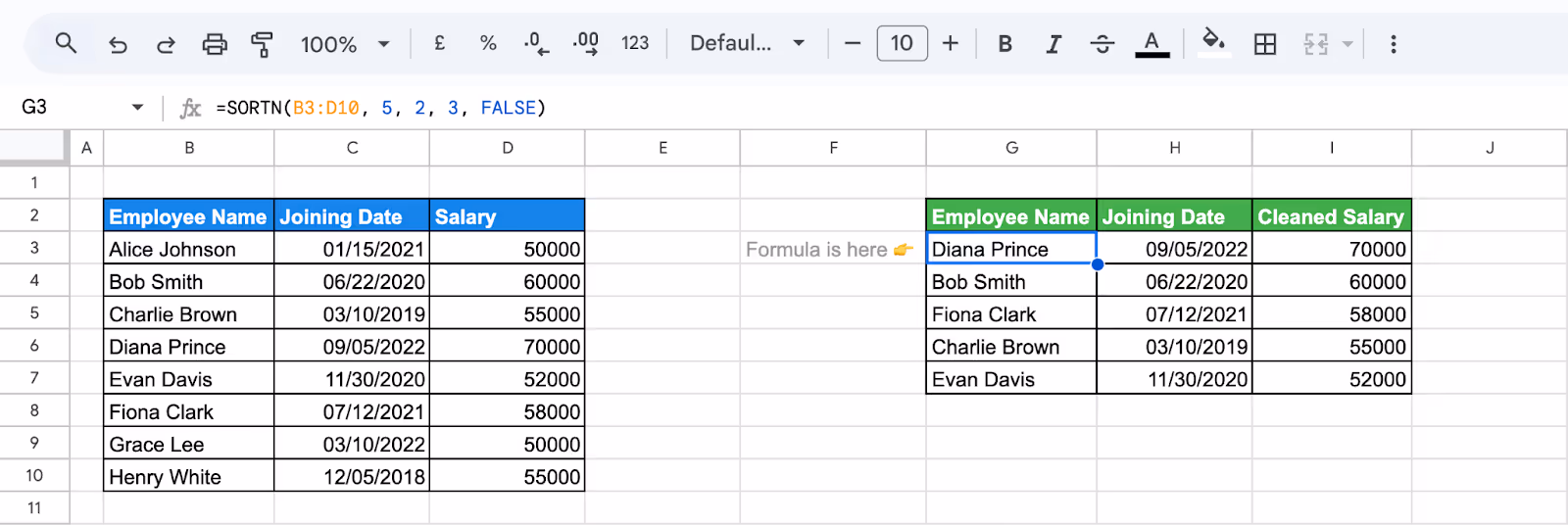Using the SORTN function in Google Sheets to remove duplicates and keep only unique rows. i-border