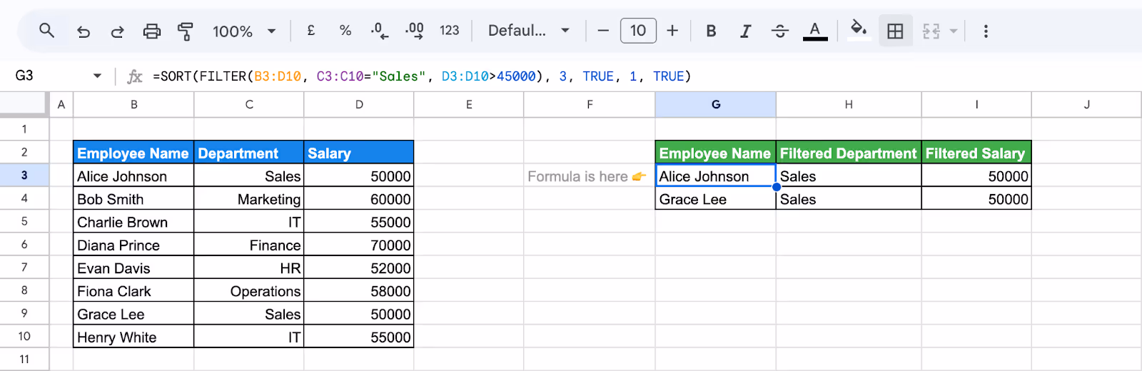 Combining SORT and FILTER functions in Google Sheets to organize data based on several criteria. i-border