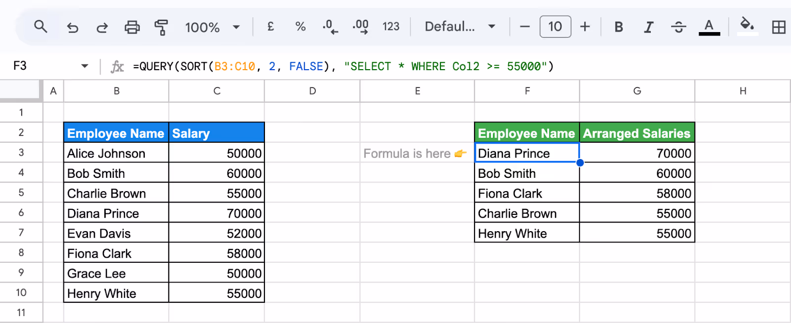 Example of using the SORT function inside a QUERY in Google Sheets to organize the results. i-border