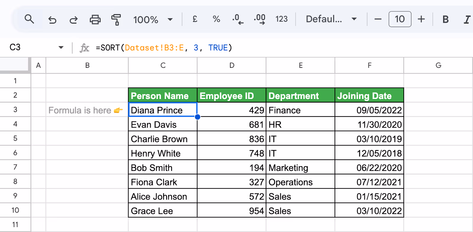Example of using the SORT function in Google Sheets to pull and sort data from another tab. i-border