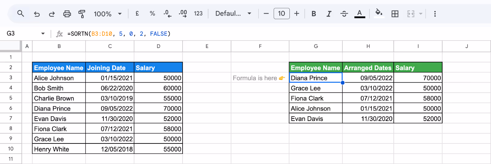 SORTN function in Google Sheets sorting by date and selecting the top 5 most recent rows. i-border