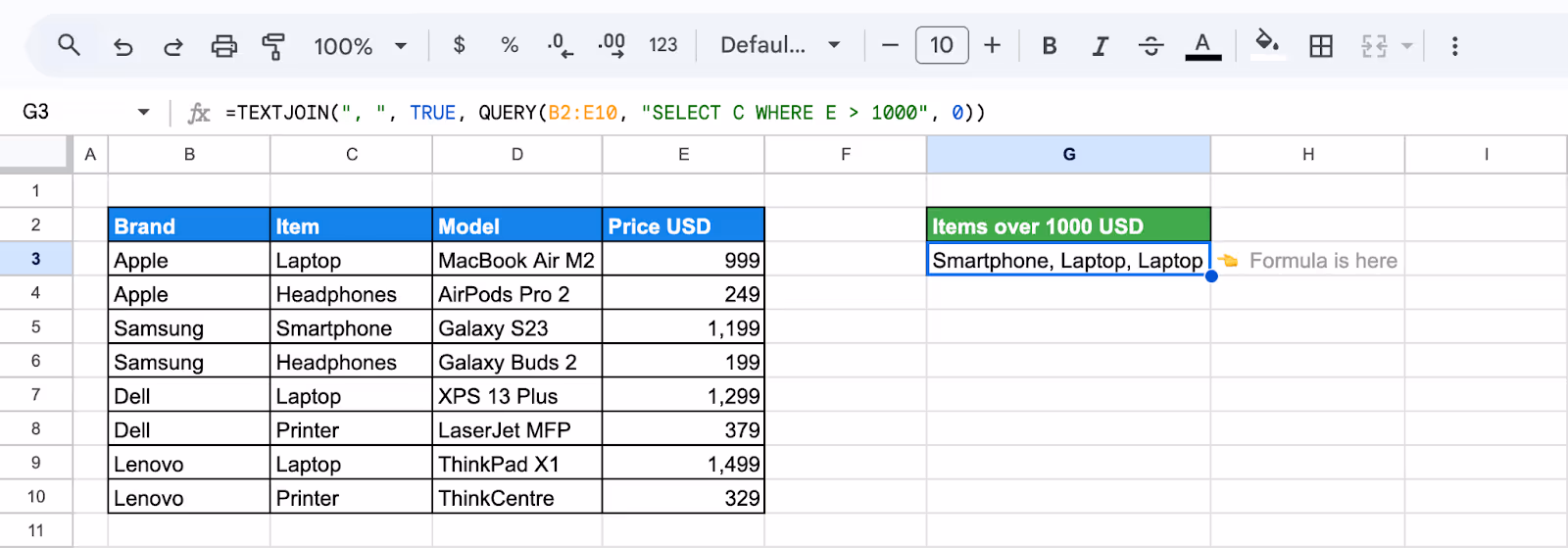 Dynamic text list created using QUERY and TEXTJOIN in combination. i-border