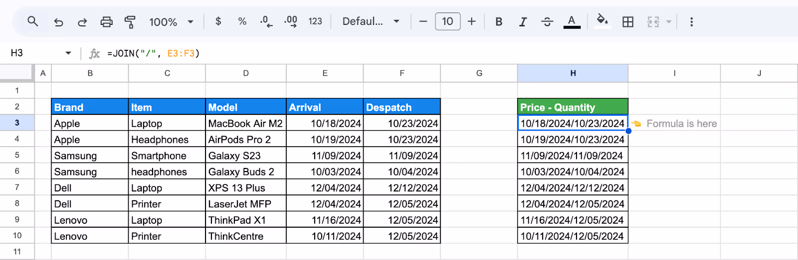 Example of JOIN used to combine date values from multiple cells. i-border
