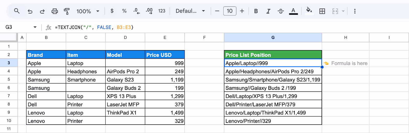 TEXTJOIN function used to merge cell values while skipping empty cells. i-border