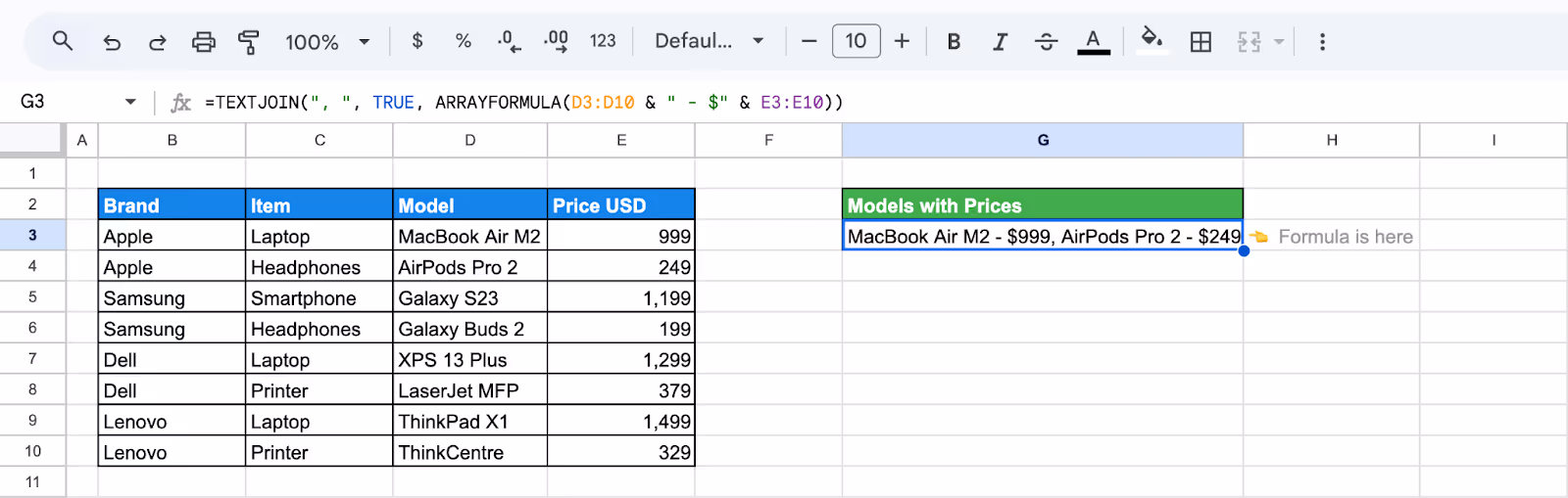 Example of TEXTJOIN and JOIN inside ARRAYFORMULA to process multiple rows. i-border