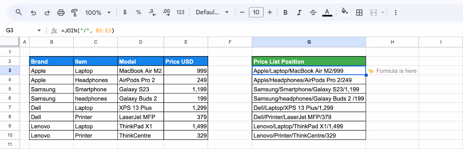 JOIN function shown combining multiple text strings with a comma separator. i-border