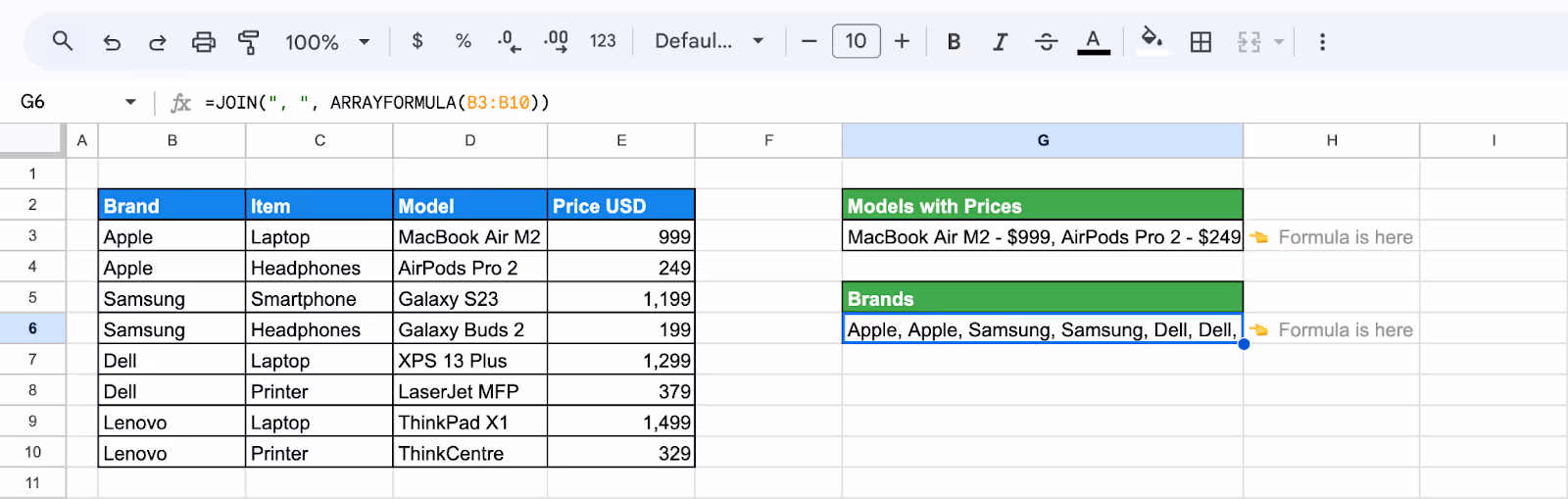 Second example showing advanced ARRAYFORMULA use with text joining. i-border