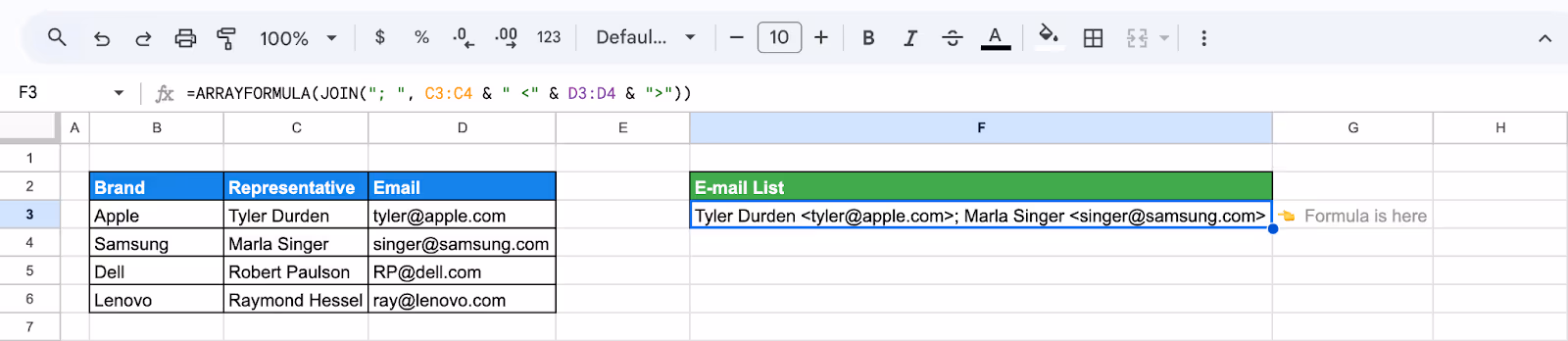 JOIN compiling a list of email addresses separated by semicolons. i-border