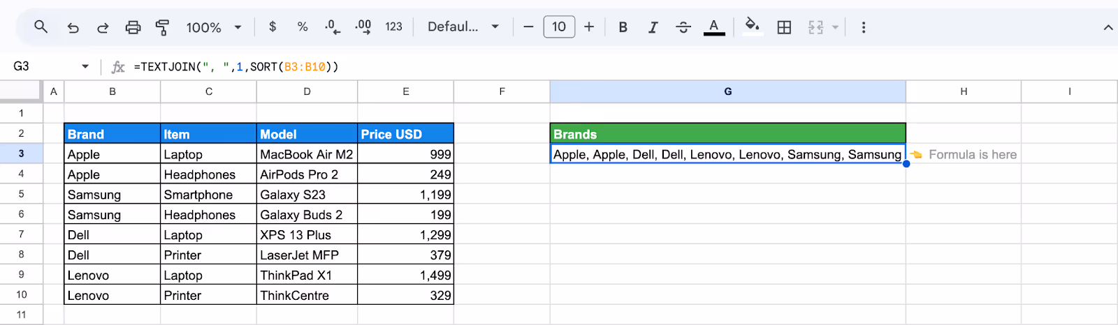 Sorted list of text values generated and joined using TEXTJOIN. i-border