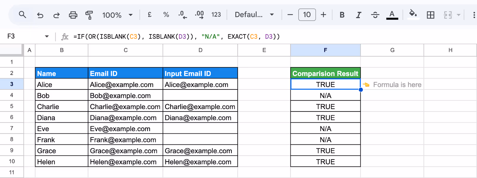 Email ID Comparison with ISBLANK and EXACT functions. i-border