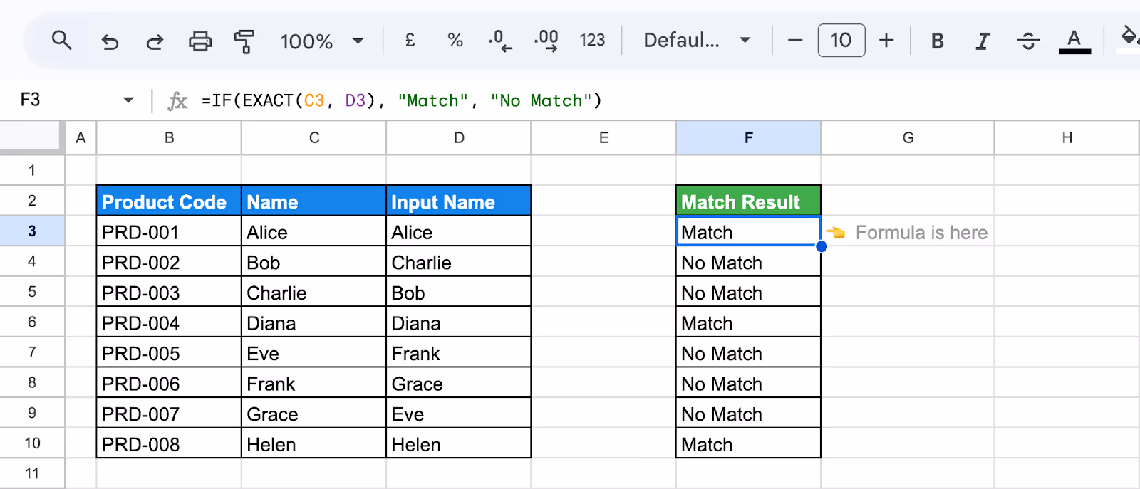 Match Names using EXACT with IF functions. i-border