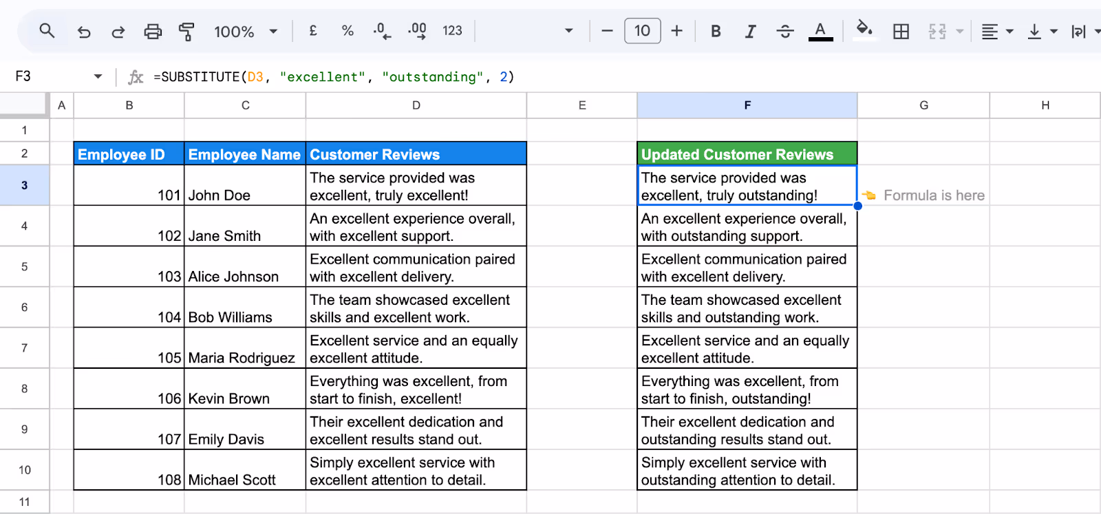 Replacing the second occurrence of the word "excellent" with "outstanding" in customer reviews using the SUBSTITUTE function in Google Sheets. i-border